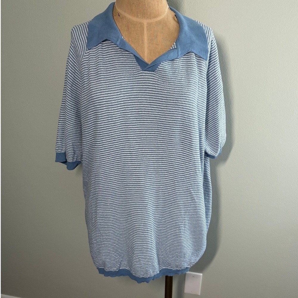 Weatherproof Vintage Mens XL Blue White Striped Cotton Knit Polo Shirt Preppy